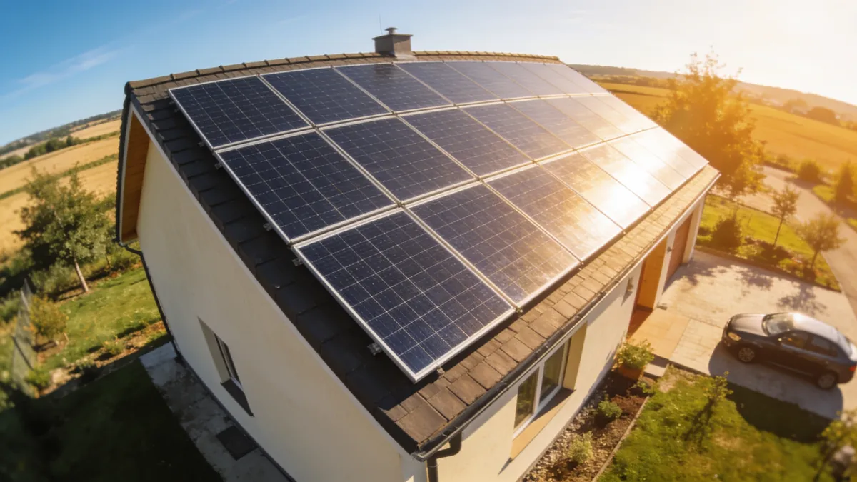 Vue aérienne d’une maison entourée de champs, son toit couvert de panneaux solaires, dans la campagne de Cahors