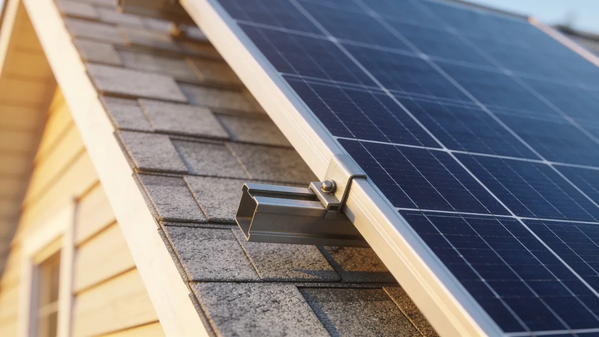 Patte de fixation et rail en aluminium maintenant un panneau solaire au-dessus d’une toiture, exemple de pose à Cahors
